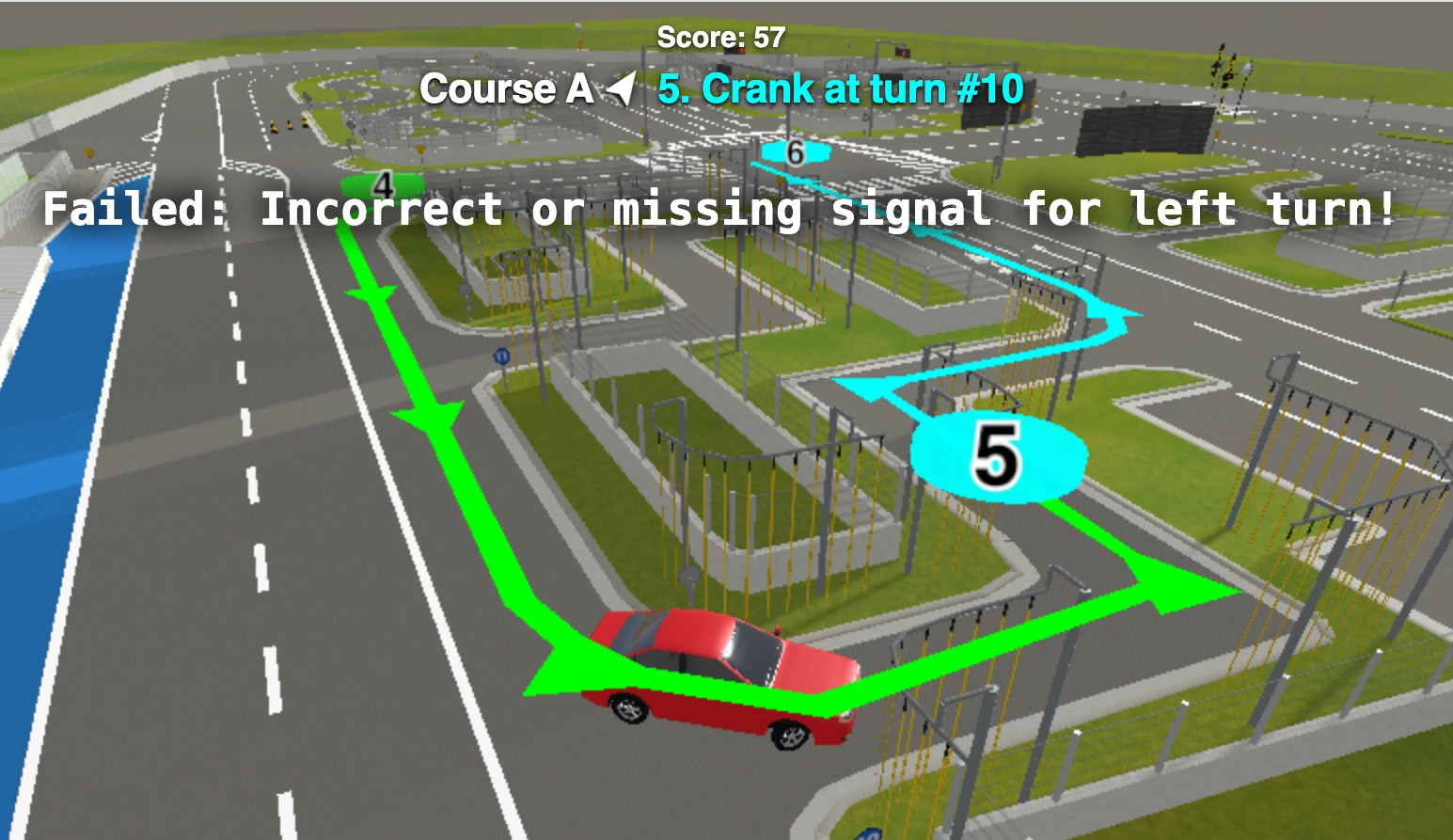 Driving Course A's crank at Samezu in the 3D simulator, with the route drawn on the road